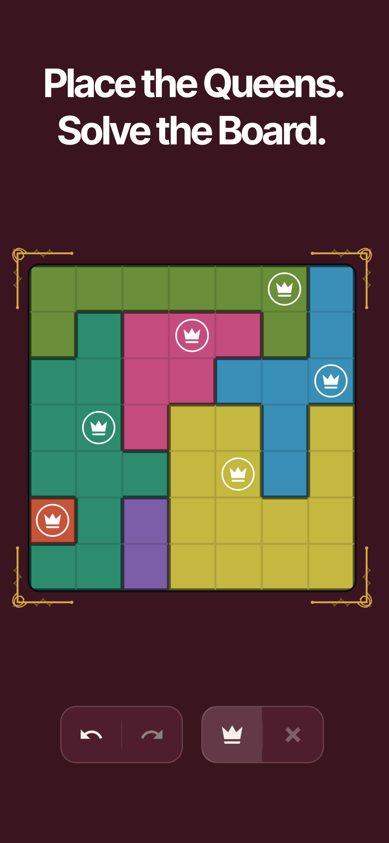 Queens puzzle being solved — placing queens on a coloured grid