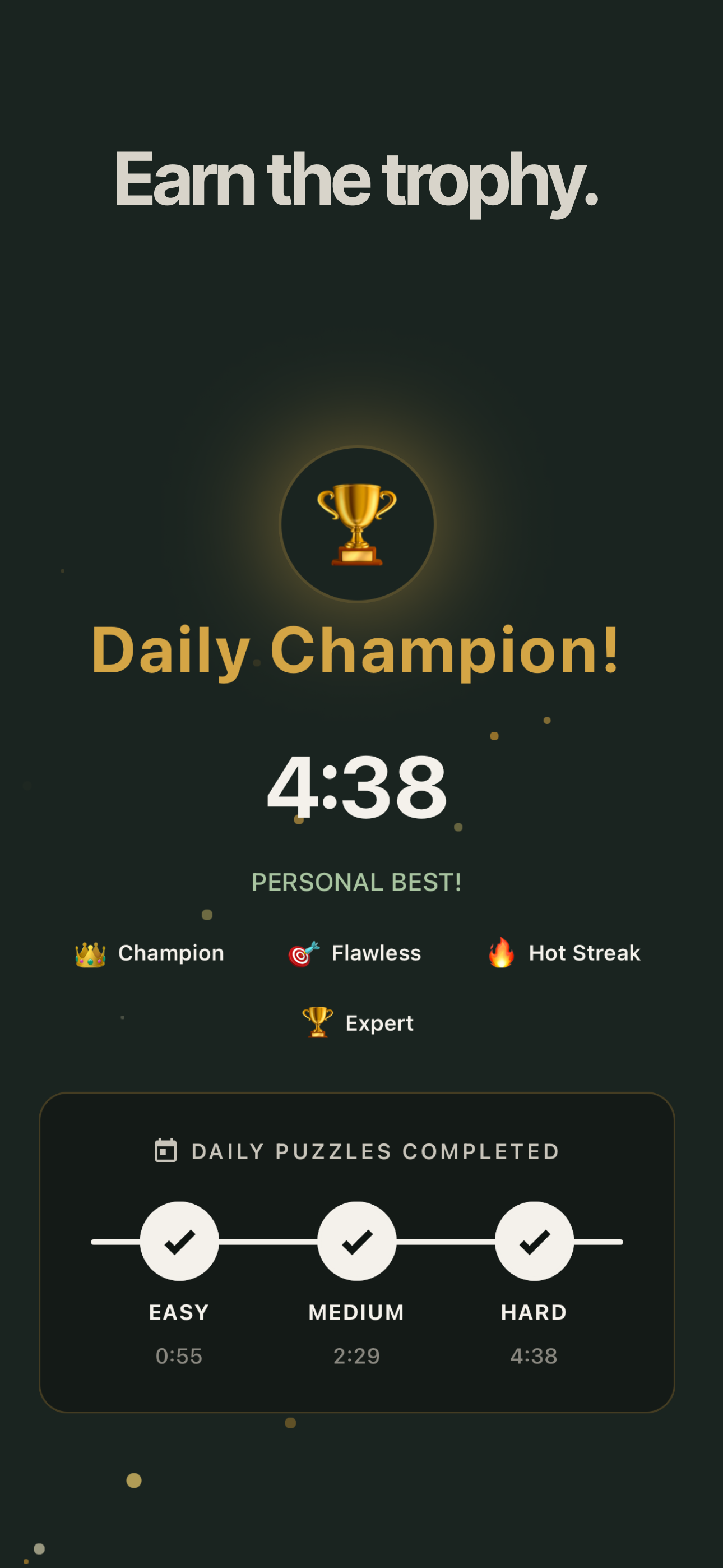 Daily Champion screen showing completion time, badges earned, and personal best